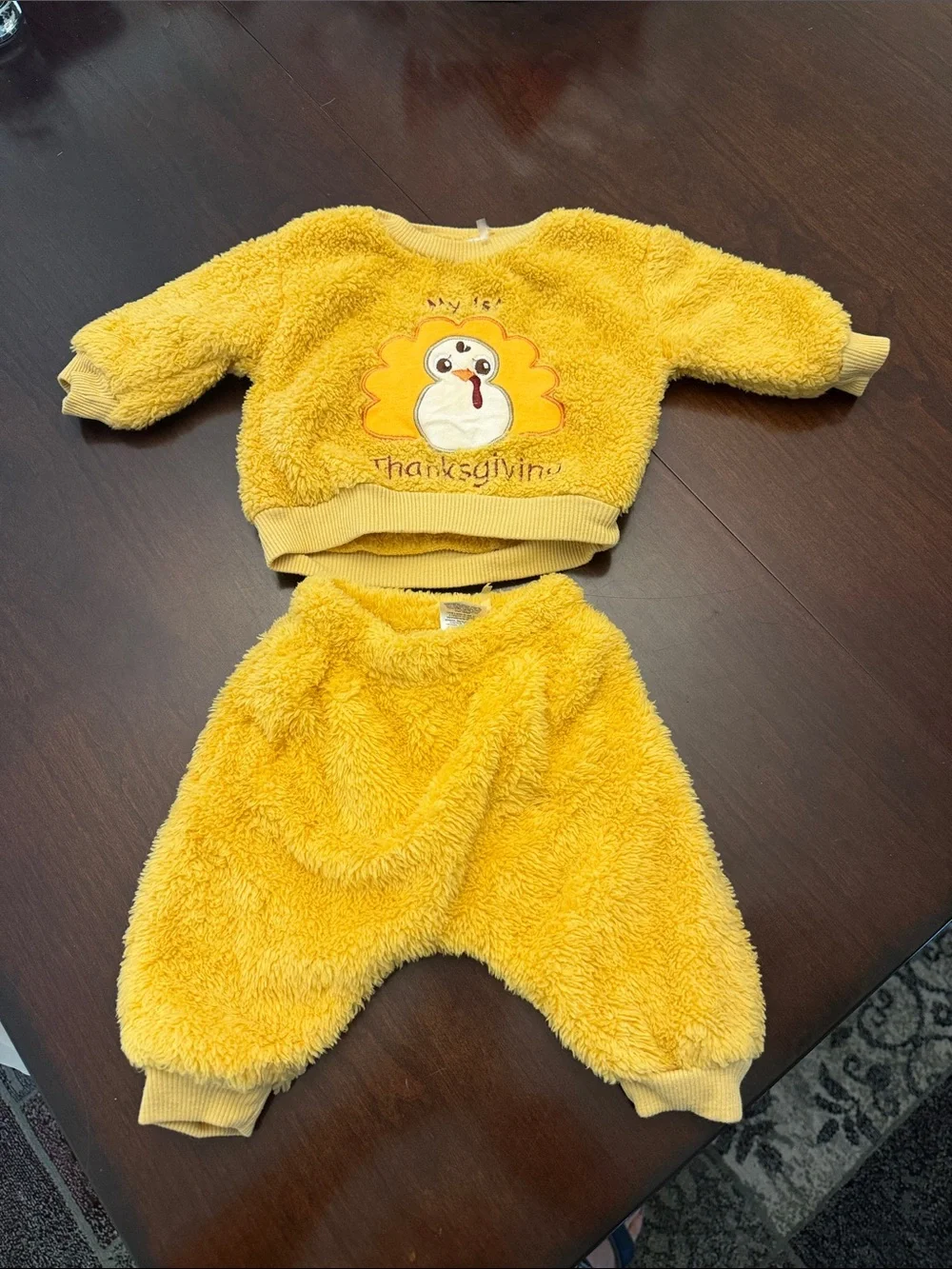 Yellow Fuzzy Thanksgiving Baby Set with Turkey Applique